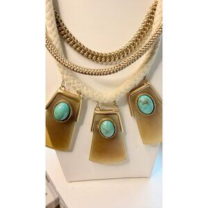 Chicos Statement Necklace With Braided Rope Gold Chains & Faux Turquoise Accents